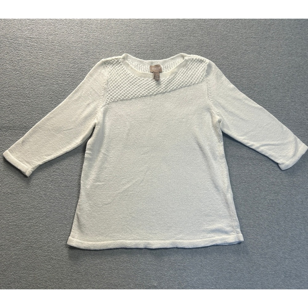 Open Knit Sweater Size 1 White 3/4 Sleeve Lightweight Chicos Coastal Yoke Top